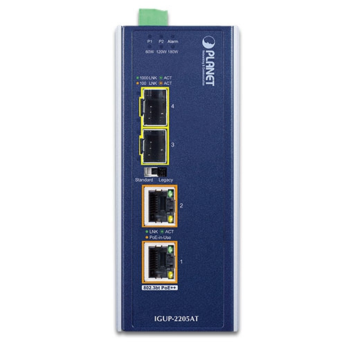 IGUP-2205AT Промышленный медиаконвертер 2-порта 100/1000X в 2-порта 10/100/1000Т 802.3bt POE++
