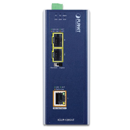 IGUP-1205AT Промышленный медиаконвертер 2-порта 100/1000X в 1-порт 10/100/1000Т 802.3bt POE++