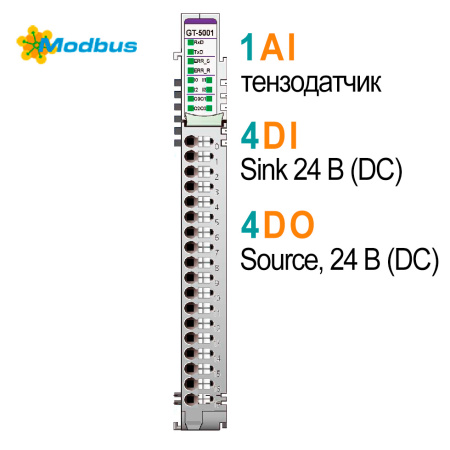 GT-5001 Адаптер ModbusRTU + 1AI тензодатчик + 4DI Sink + 4DO Source, универсальный, RTB 18