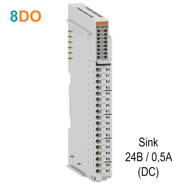 GT-2418 Дискретный вывод, 8DO, 24 В/0.5А (DC), Sink, диагностика, RTB 18 GT-2418 Дискретный вывод, 8DO, 24 В/0.5А (DC), Sink, диагностика, RTB 18