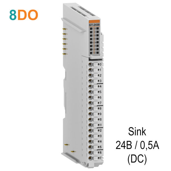 GT-2438 Дискретный вывод, 8DO, 24 В/0.5А (DC), Sink, диагностика, RTB 18 GT-2438 Дискретный вывод, 8DO, 24 В/0.5А (DC), Sink, диагностика, RTB 18