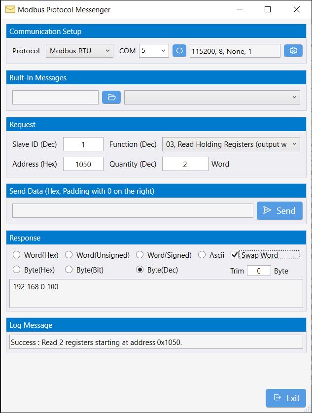 окно Modbus Protocol Messenger с чтением IP-адреса и включенной функцией Swap Word